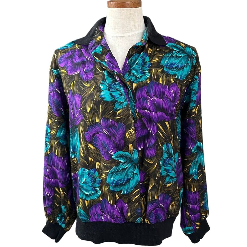 Vintage 80s Gianna Painterly Floral Bomber Jacket M Purple Teal AOP Banded